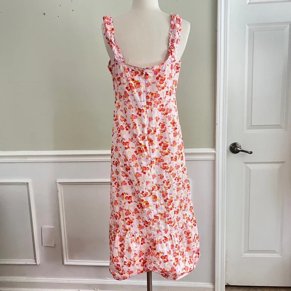 Floral Midi Dress Womens‎ PM or S/M Ruffle Strap Cotton Pink Orange  Sundress